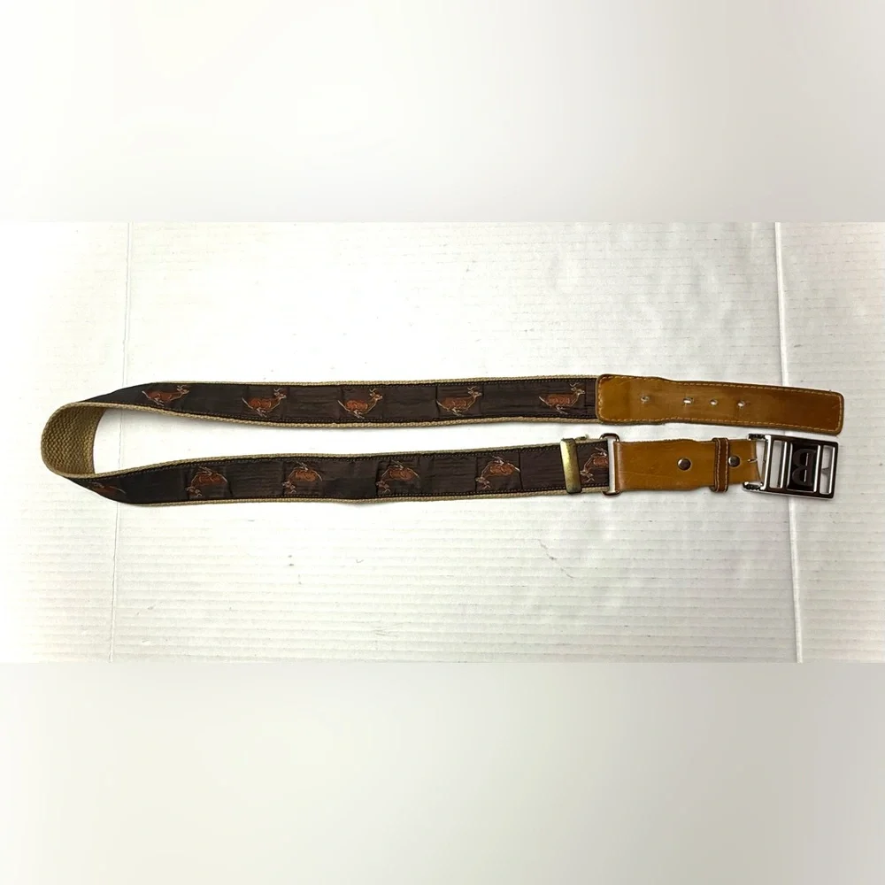 Vintage Leather And Fabric Belt Deer Men’s‎ 44.5” Hunting Woodland Buck Buckle
